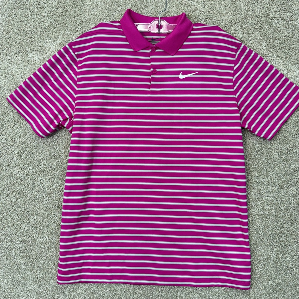 Nike Polo Men Medium Dri-FIT Pink Striped Short Sleeve EUC